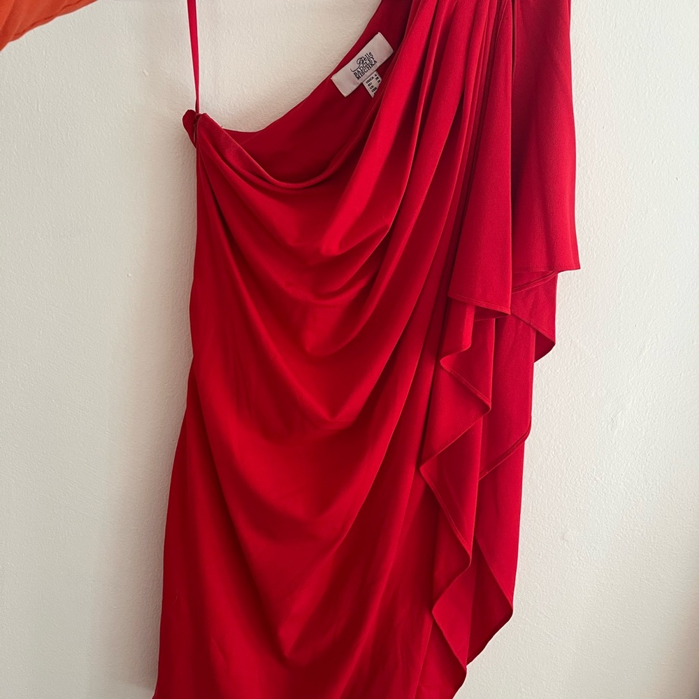 Badgley Mischka Red One-Shoulder Draped Evening Dress